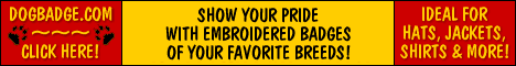 Dogbadge banner saying Show your pride with embroidered badges of your favorite breed-ideal for hats, jackets, shirts, and more